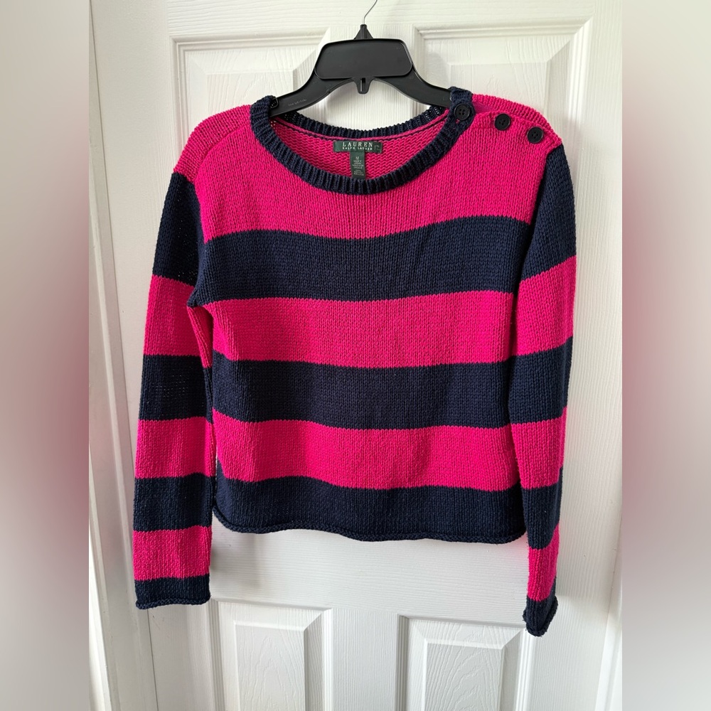 Ralph Lauren Women's Pink and Black Striped Sweater